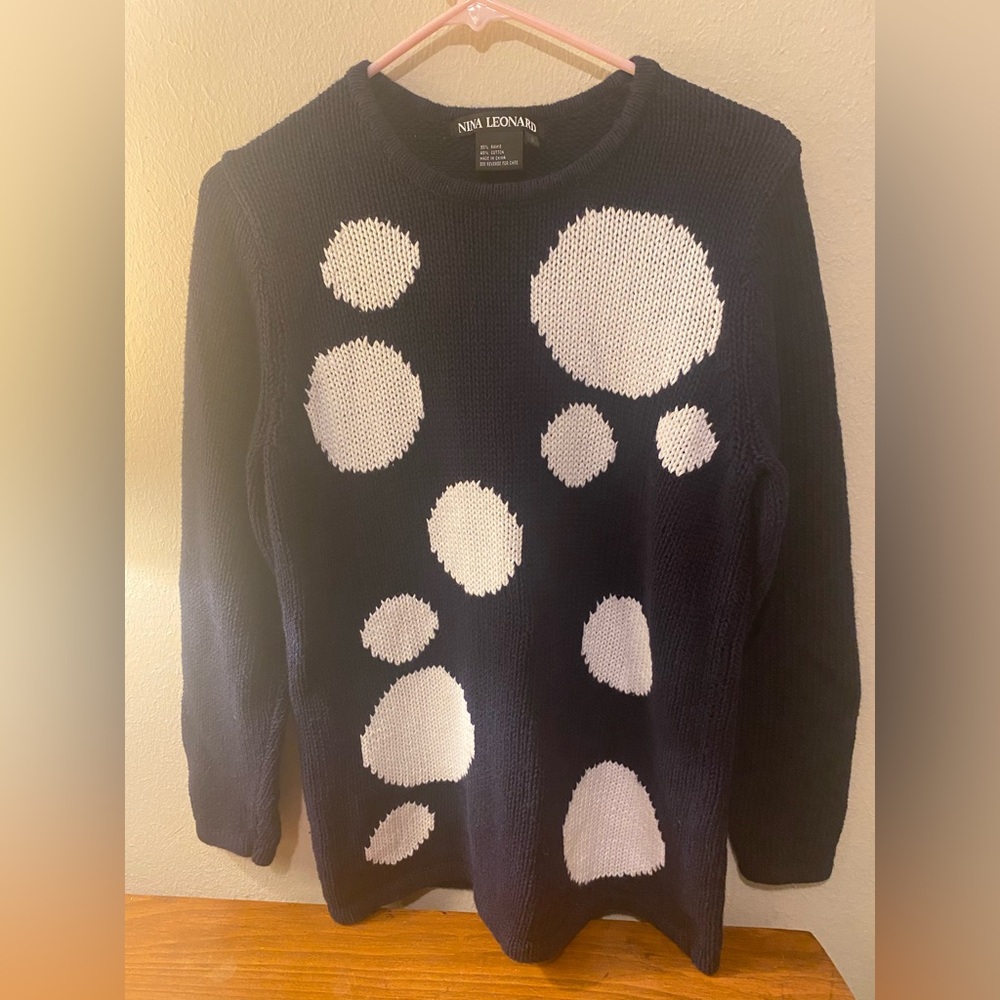 Nina Leonard Navy W White Eclectic Polka Dots Knitted Sweater SzSmall